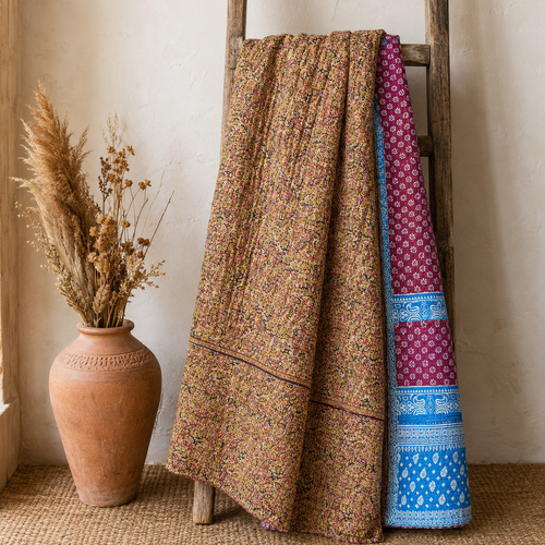 Rose Pink Paisley handmade vintage Kantha quilt EBY-TW-266 – reversible cotton twin boho bedspread