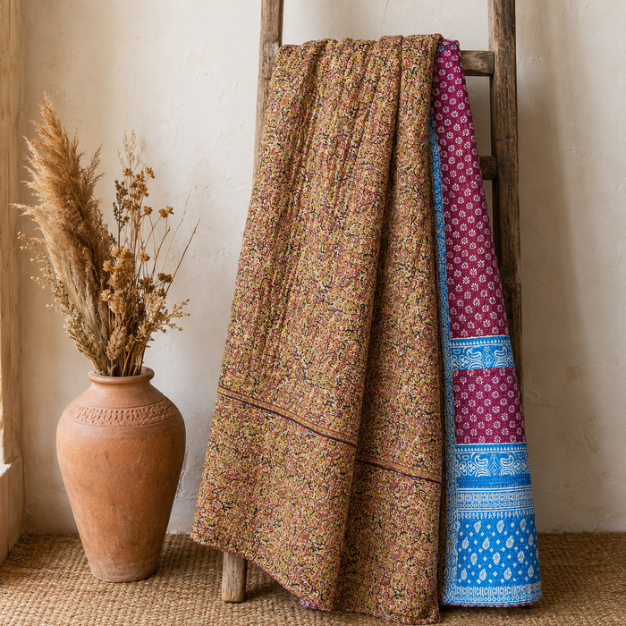 Rose Pink Paisley Vintage Kantha Quilt – Handmade Reversible Twin Cotton Bedspread & Boho Throw Blanket | EBY-TW-266