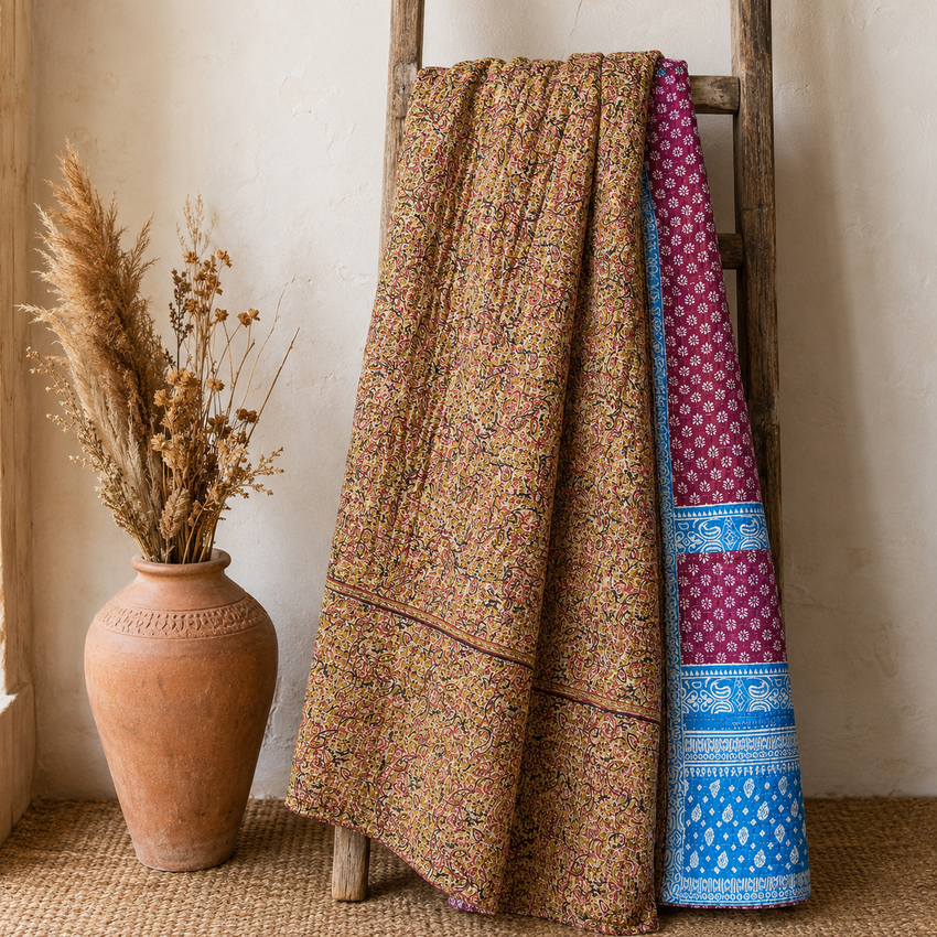 Rose Pink Paisley handmade vintage Kantha quilt EBY-TW-266 – reversible cotton twin boho bedspread