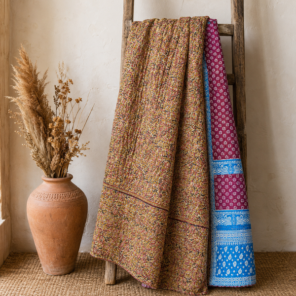Rose Pink Paisley handmade vintage Kantha quilt EBY-TW-266 – reversible cotton twin boho bedspread