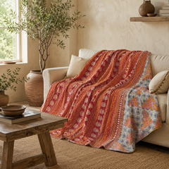 Maroon & Beige Floral Panel handmade vintage Kantha quilt EBY-TW-267 – reversible cotton twin boho bedspread