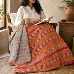 Maroon & Beige Floral Panel handmade vintage Kantha quilt EBY-TW-267 – reversible cotton twin boho bedspread