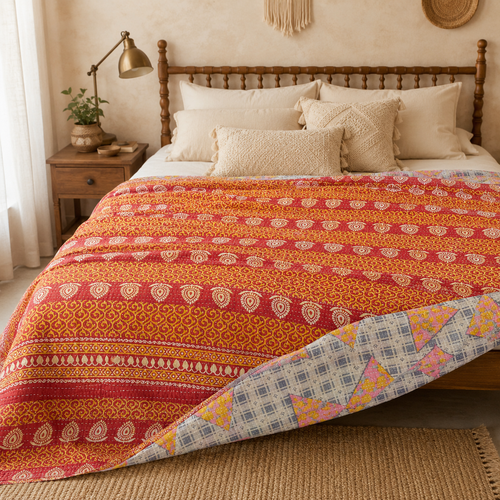 Maroon & Beige Floral Panel handmade vintage Kantha quilt EBY-TW-267 – reversible cotton twin boho bedspread