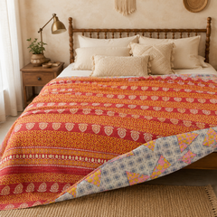 Maroon & Beige Floral Panel handmade vintage Kantha quilt EBY-TW-267 – reversible cotton twin boho bedspread