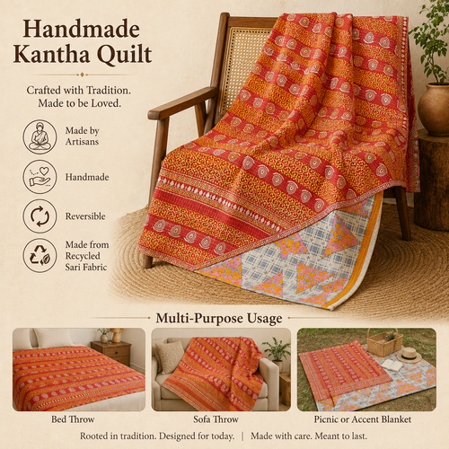 Maroon & Beige Floral Panel handmade vintage Kantha quilt EBY-TW-267 – reversible cotton twin boho bedspread