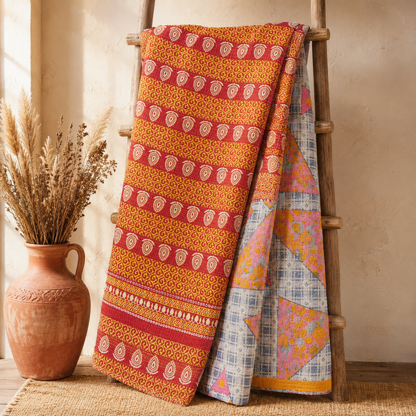 Maroon & Beige Floral Panel handmade vintage Kantha quilt EBY-TW-267 – reversible cotton twin boho bedspread