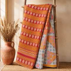 Maroon & Beige Floral Panel handmade vintage Kantha quilt EBY-TW-267 – reversible cotton twin boho bedspread