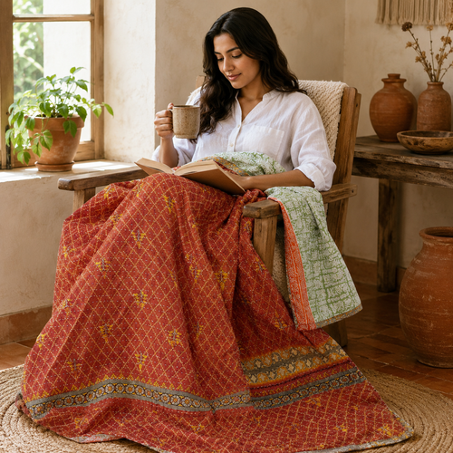 Indigo Multicolour Patchwork handmade vintage Kantha quilt EBY-TW-268 – reversible cotton twin boho bedspread