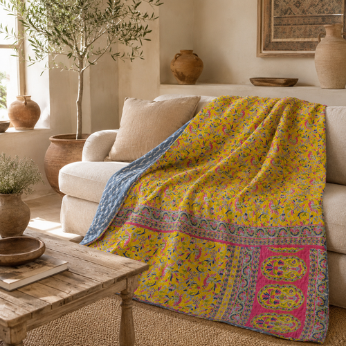 Olive & Pink Blossom handmade vintage Kantha quilt EBY-TW-269 – reversible cotton twin boho bedspread