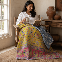 Olive & Pink Blossom handmade vintage Kantha quilt EBY-TW-269 – reversible cotton twin boho bedspread