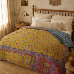 Olive & Pink Blossom handmade vintage Kantha quilt EBY-TW-269 – reversible cotton twin boho bedspread