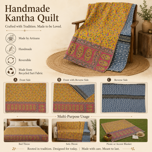 Olive & Pink Blossom handmade vintage Kantha quilt EBY-TW-269 – reversible cotton twin boho bedspread
