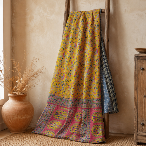 Olive & Pink Blossom handmade vintage Kantha quilt EBY-TW-269 – reversible cotton twin boho bedspread