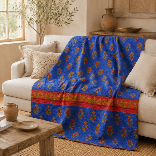 Charcoal & White Geometric handmade vintage Kantha quilt EBY-TW-270 – reversible cotton twin boho bedspread