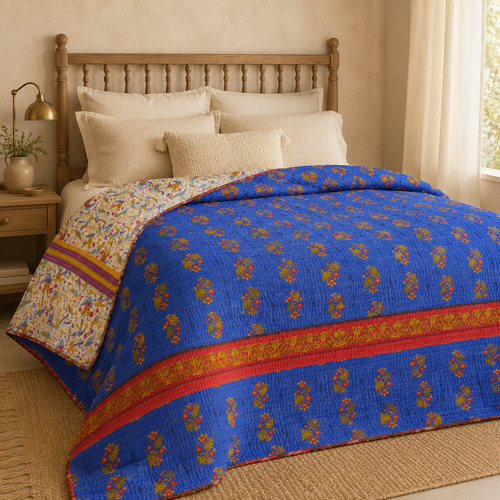 Charcoal & White Geometric handmade vintage Kantha quilt EBY-TW-270 – reversible cotton twin boho bedspread