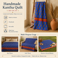 Charcoal & White Geometric handmade vintage Kantha quilt EBY-TW-270 – reversible cotton twin boho bedspread