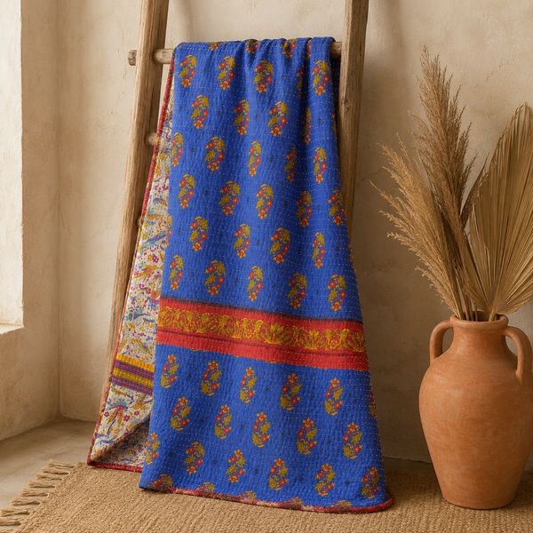 Charcoal & White Geometric handmade vintage Kantha quilt EBY-TW-270 – reversible cotton twin boho bedspread