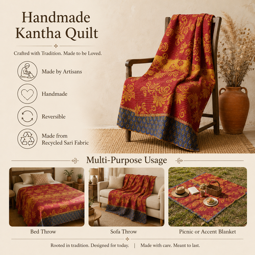 Handmade vintage Kantha quilt EBY-TW-271 – reversible cotton twin boho bedspread