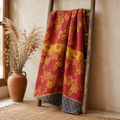 Handmade vintage Kantha quilt EBY-TW-271 – reversible cotton twin boho bedspread