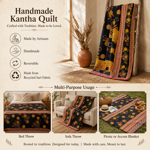 Handmade vintage Kantha quilt EBY-TW-272 – reversible cotton twin boho bedspread