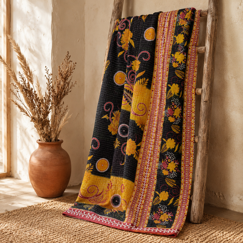 Handmade vintage Kantha quilt EBY-TW-272 – reversible cotton twin boho bedspread
