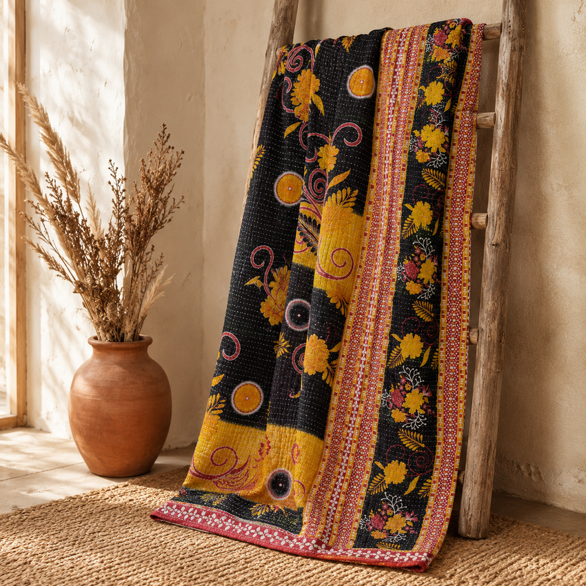 Handmade vintage Kantha quilt EBY-TW-272 – reversible cotton twin boho bedspread