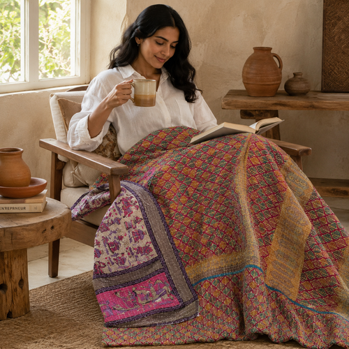 Handmade vintage Kantha quilt EBY-TW-273 – reversible cotton twin boho bedspread