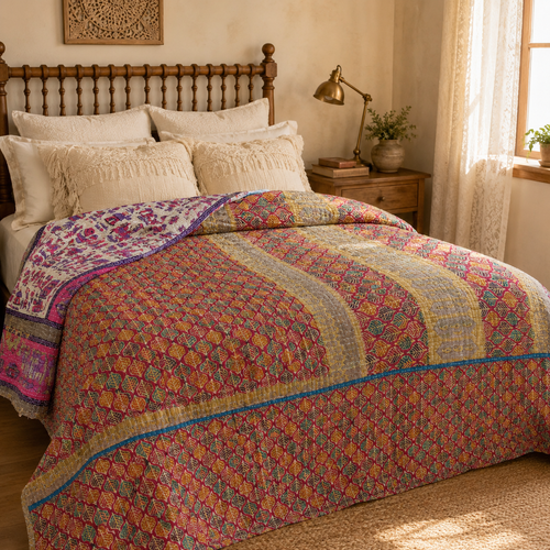 Handmade vintage Kantha quilt EBY-TW-273 – reversible cotton twin boho bedspread