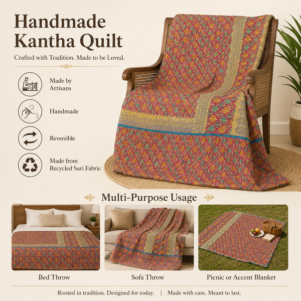 Handmade vintage Kantha quilt EBY-TW-273 – reversible cotton twin boho bedspread