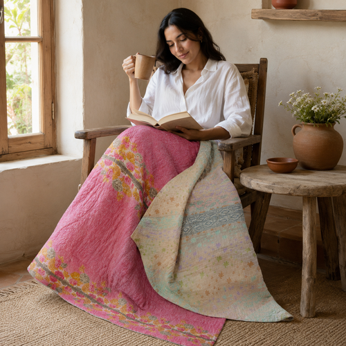 Handmade vintage Kantha quilt EBY-TW-274 – reversible cotton twin boho bedspread