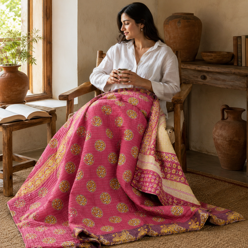 Handmade vintage Kantha quilt EBY-TW-275 – reversible cotton twin boho bedspread