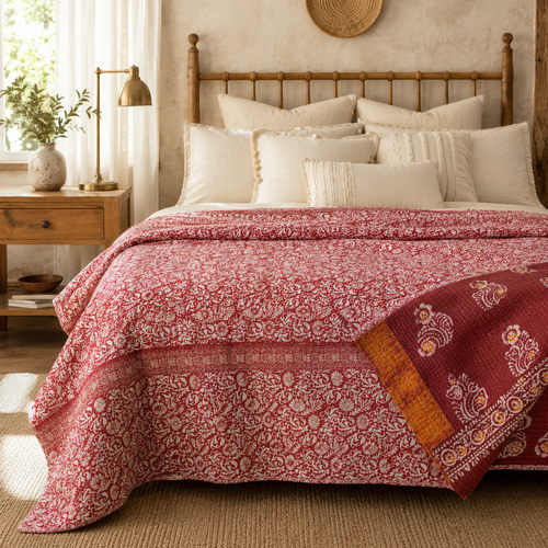 Handmade vintage Kantha quilt EBY-TW-275 – reversible cotton twin boho bedspread