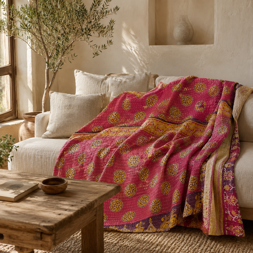 Handmade vintage Kantha quilt EBY-TW-276 – reversible cotton twin boho bedspread