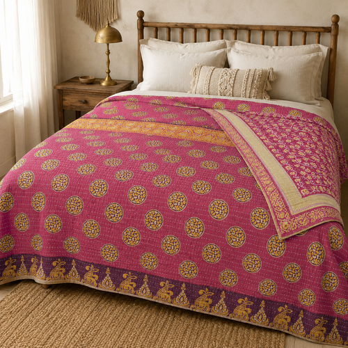 Handmade vintage Kantha quilt EBY-TW-276 – reversible cotton twin boho bedspread
