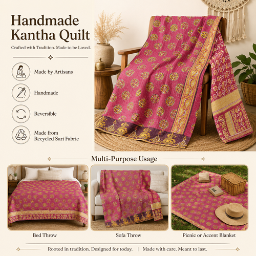 Handmade vintage Kantha quilt EBY-TW-276 – reversible cotton twin boho bedspread