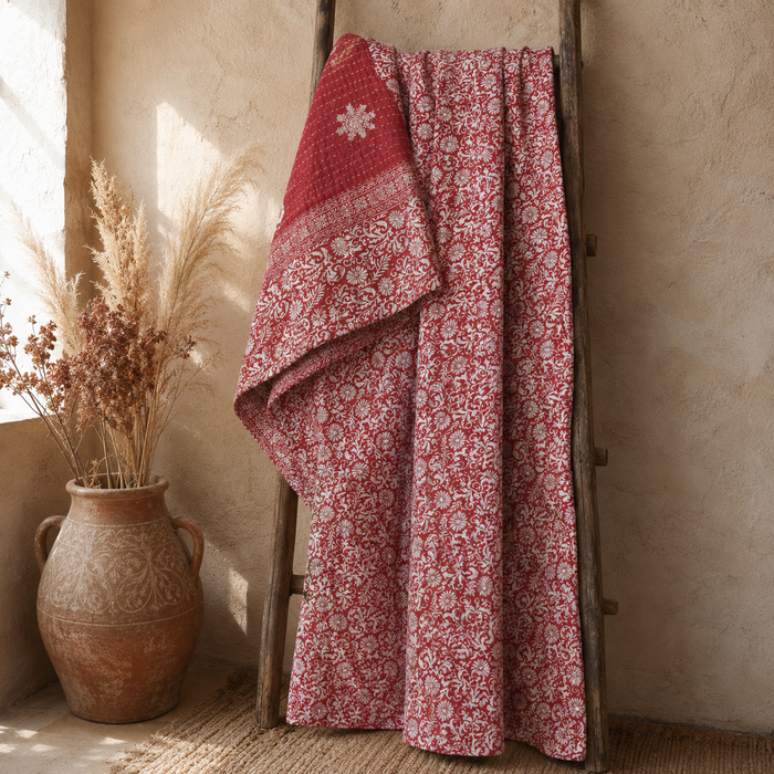 Indian Handmade Vintage Kantha Quilt Twin 55x85 Inches – Reversible Cotton Bedspread & Boho Throw Blanket | EBY-TW-276