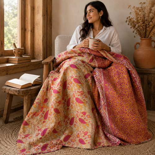 Handmade vintage Kantha quilt EBY-TW-277 – reversible cotton twin boho bedspread