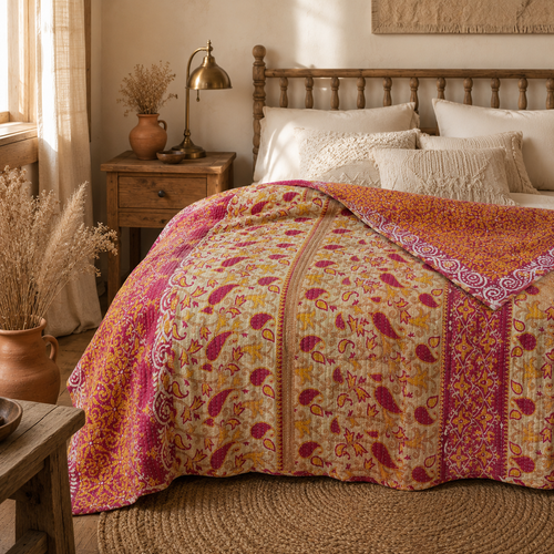 Handmade vintage Kantha quilt EBY-TW-277 – reversible cotton twin boho bedspread