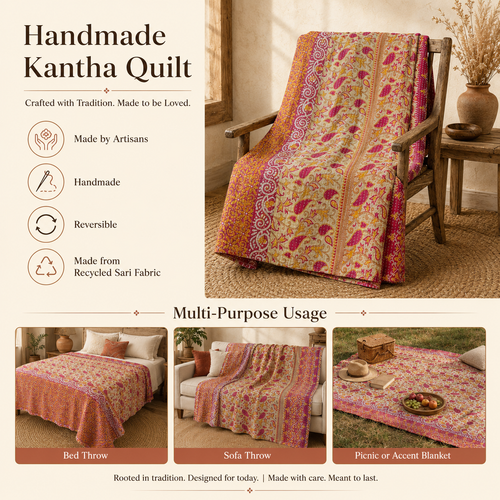 Handmade vintage Kantha quilt EBY-TW-277 – reversible cotton twin boho bedspread