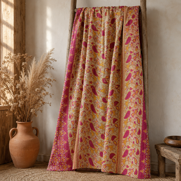 Handmade vintage Kantha quilt EBY-TW-277 – reversible cotton twin boho bedspread