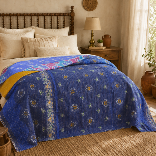 Handmade vintage Kantha quilt EBY-TW-278 – reversible cotton twin boho bedspread