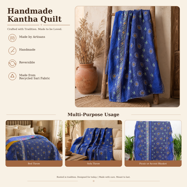 Handmade vintage Kantha quilt EBY-TW-278 – reversible cotton twin boho bedspread
