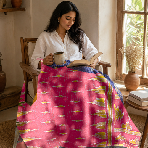 Handmade vintage Kantha quilt EBY-TW-279 – reversible cotton twin boho bedspread