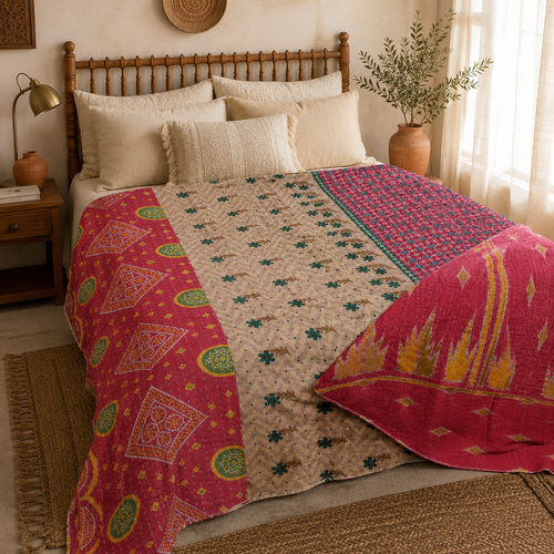 Handmade vintage Kantha quilt EBY-TW-279 – reversible cotton twin boho bedspread