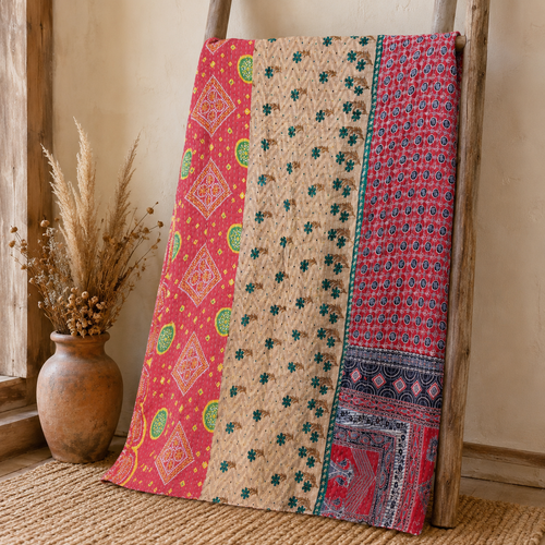 Handmade vintage Kantha quilt EBY-TW-279 – reversible cotton twin boho bedspread
