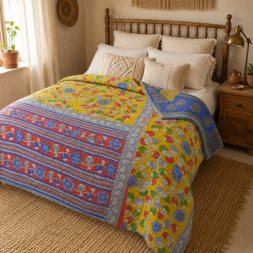 Handmade vintage Kantha quilt EBY-TW-280 – reversible cotton twin boho bedspread