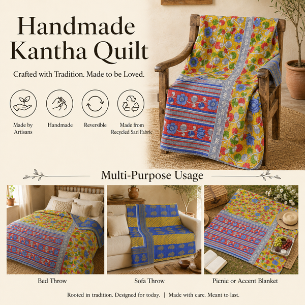 Handmade vintage Kantha quilt EBY-TW-280 – reversible cotton twin boho bedspread