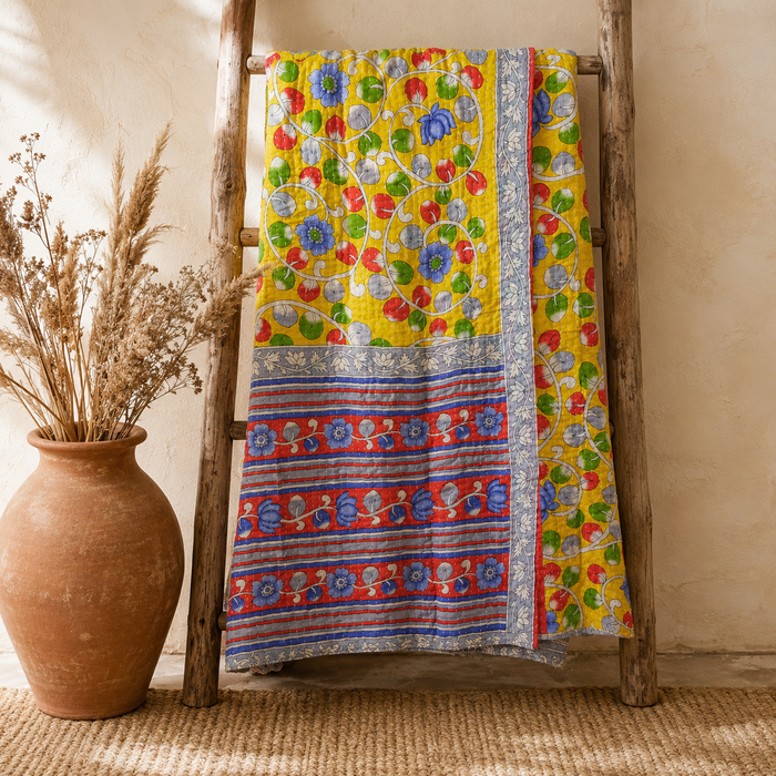 Indian Handmade Vintage Kantha Quilt Twin 55x85 Inches – Reversible Cotton Bedspread & Boho Throw Blanket | EBY-TW-280