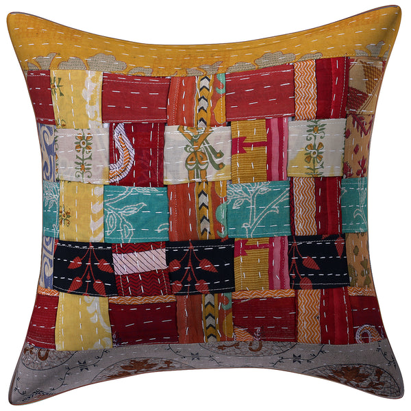 Vintage Kantha Patchwork Pillow Cover 18x18 inches, Handmade Indian Cushion Case, Recycled Sari Boho Throw Pillow, Colorful Rustic Home Decor