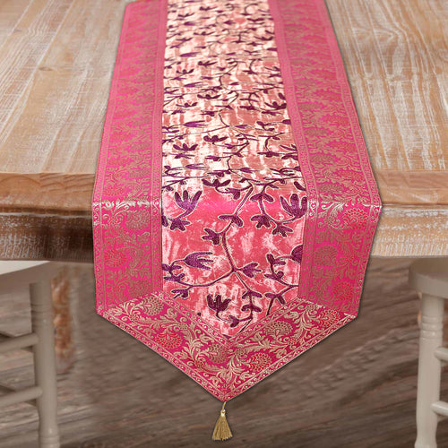 Silk Brocade Red Floral Zari Silk Table Runner